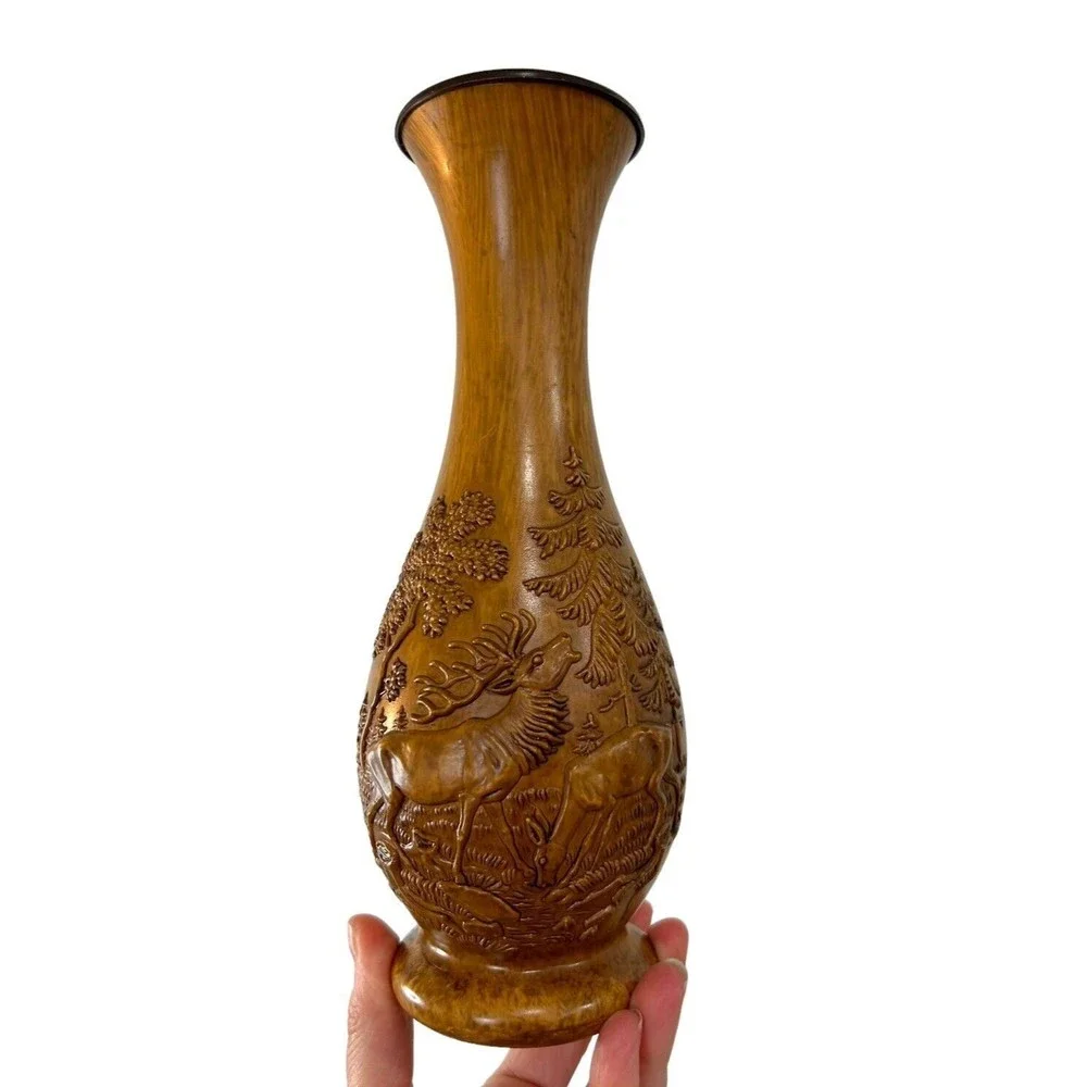 Vtg Wood Look West Germany Elk Stag Deer Bud Vase Forest Scene In Relief Nature